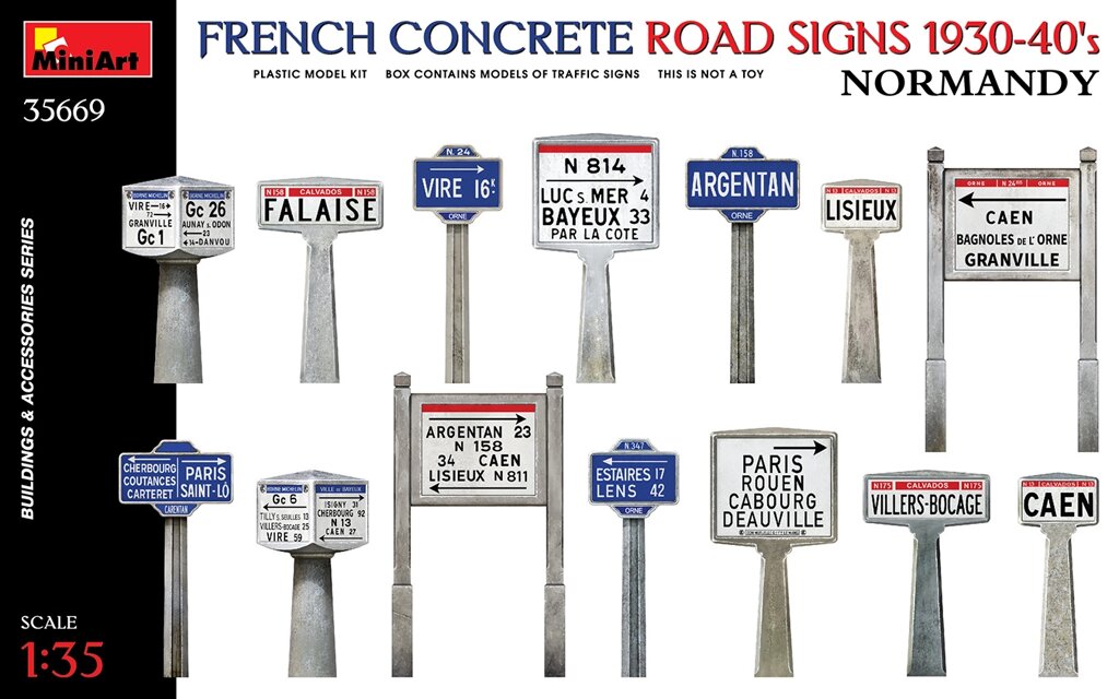 Французькі бетонні дорожні знаки Нормандія 1930-40-х років. у масштабі 1/35. MINIART 35669 від компанії Хоббінет - збірні моделі - фото 1