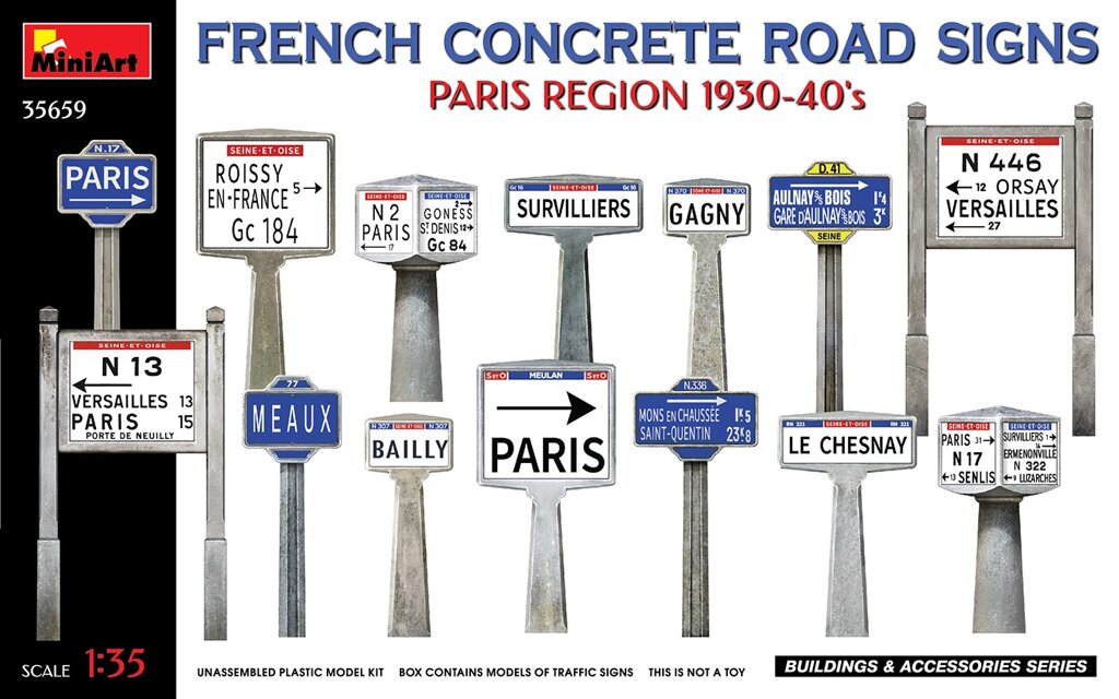 Французькі бетонні дорожні знаки. (Паризький регіон 1930-40 р). 1/35 MINIART 35659 від компанії Хоббінет - збірні моделі - фото 1