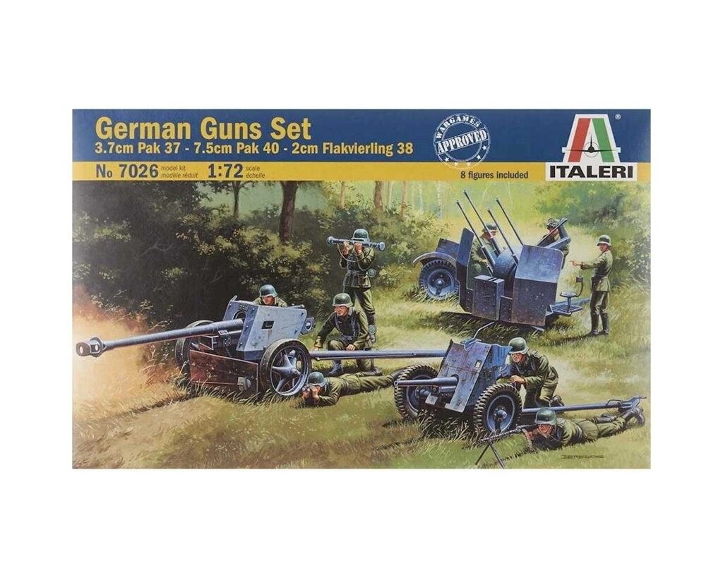 German guns set. 3.7cm PAK37 - 7.5cm PAK 40 - 2Ccm FLAKVIERLING 38. 1/72 ITALERI 7026 від компанії Хоббінет - збірні моделі - фото 1