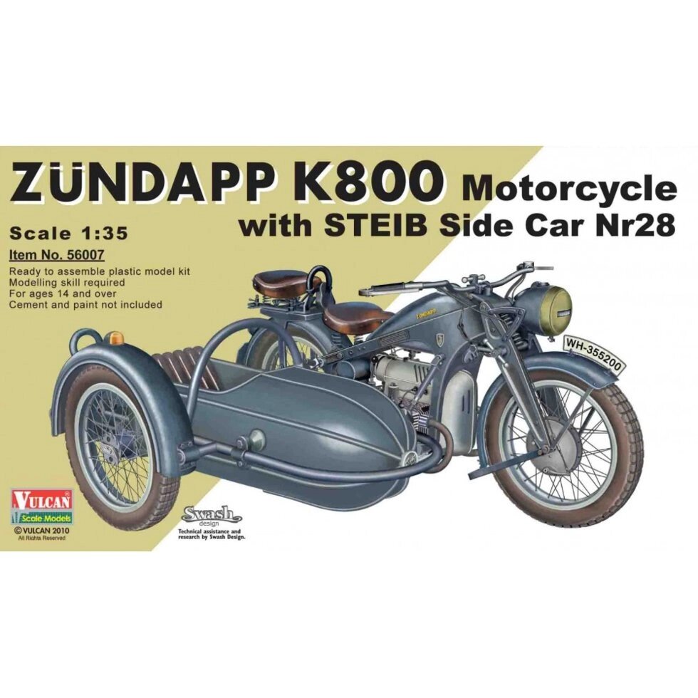 German Zundapp K800 Motorcycle with STEIB Side Car WW2. 1/35 VULCAN 56007 від компанії Хоббінет - збірні моделі - фото 1