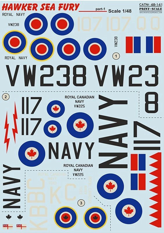 Hawker Sea Fury. Декаль (3 листа) для моделі літака в масштабі 1/48. PRINT SCALE 48-011 від компанії Хоббінет - збірні моделі - фото 1