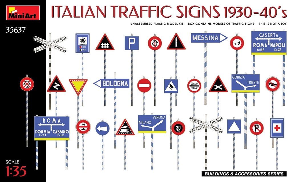 Італійські дорожні знаки (1930-40-ті рр.) у масштабі 1/35. MINIART 35637 від компанії Хоббінет - збірні моделі - фото 1