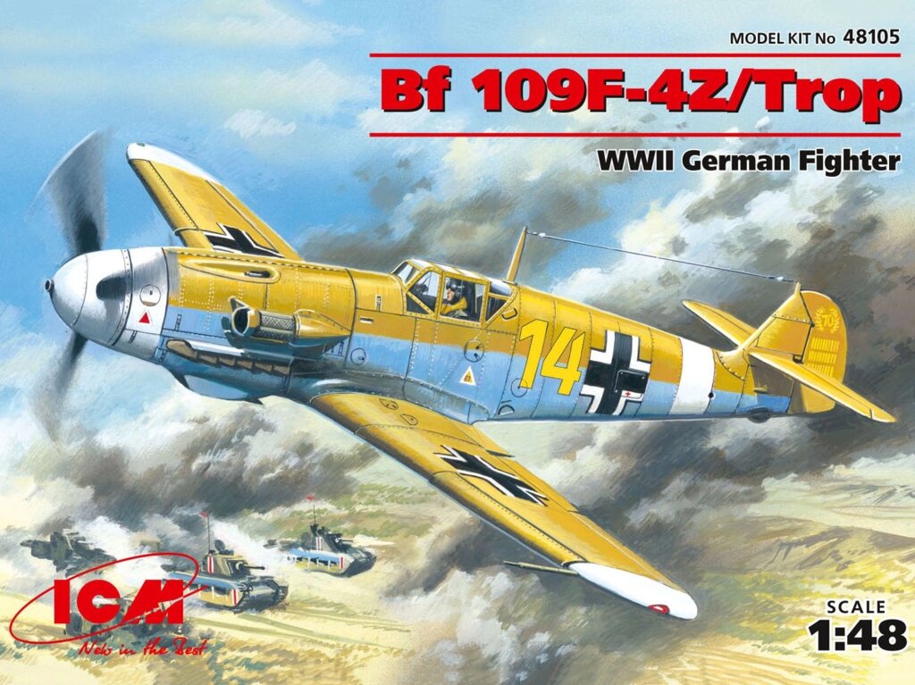 Messerschmitt Bf-109F-4Z / Trop WWII German fighter. Збірна пластикова модель літака. 1/48 ICM 48105 від компанії Хоббінет - збірні моделі - фото 1