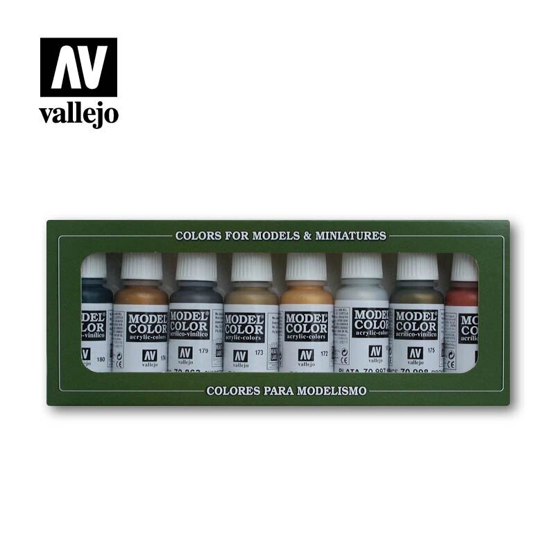 Набір фарби Model Color Metallics 8 кольорів (кисть, аерограф). VALLEJO 70118 від компанії Хоббінет - збірні моделі - фото 1