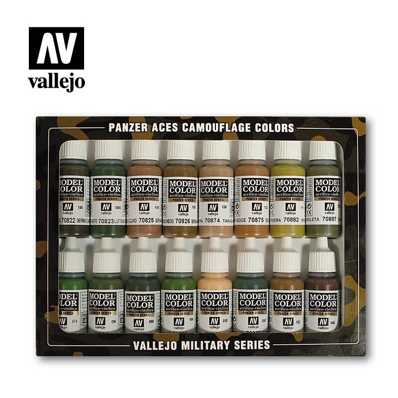 Набір фарби Model Color PANZER ACES з 16 кольорів (кисть, аерограф). VALLEJO 70179 від компанії Хоббінет - збірні моделі - фото 1