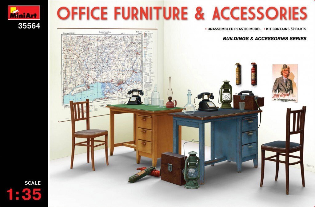 Набір офісних меблів і аксесуарів в масштабі 1/35. MINIART 35564 від компанії Хоббінет - збірні моделі - фото 1
