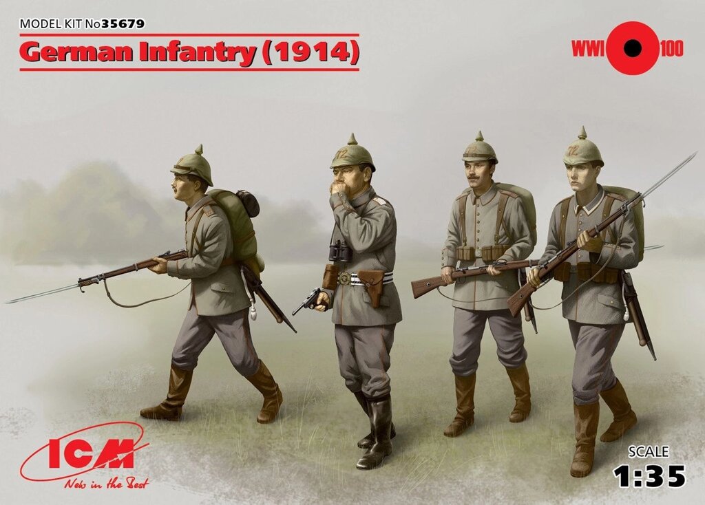 Набір з чотирьох фігур для складання. Німецька піхота 1914 р 1/35 ICM 35679 від компанії Хоббінет - збірні моделі - фото 1