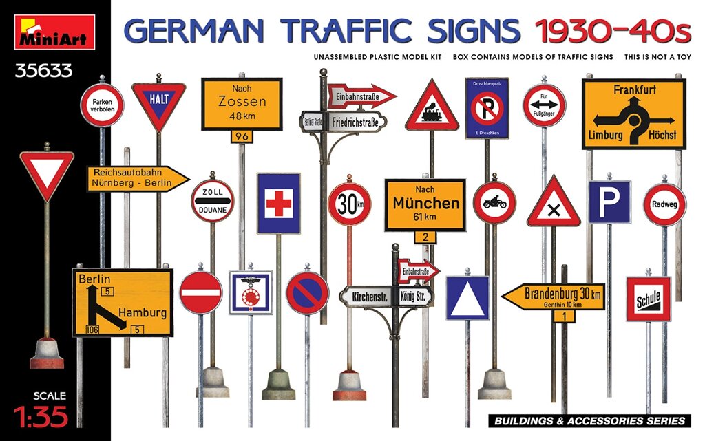 Німецькі дорожні знаки (1930-1940 рр.). Набір в масштабі 1/35. MINIART 35633 від компанії Хоббінет - збірні моделі - фото 1