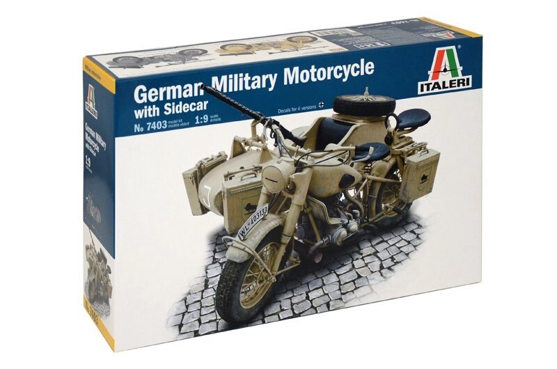 Німецький військовий мотоцикл з коляскою. Збірна модель в масштабі 1/9. ITALERI 7403 від компанії Хоббінет - збірні моделі - фото 1