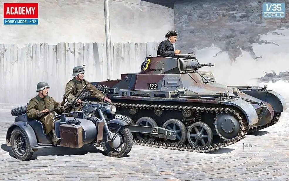 Panzer I Ausf. B and Motorcycle. Збірна модель німецького танка та мотоцикла в масштабі 1/35. ACADEMY 13556 від компанії Хоббінет - збірні моделі - фото 1