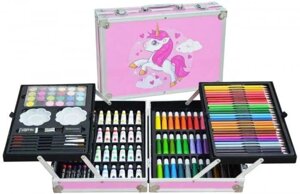 Детский набор для рисования и творчества "Единорог" на 145 предметов в алюминиевом чемоданчике. Розовый.
