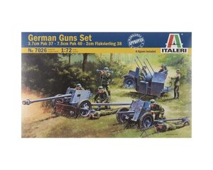 German guns set. 3.7cm PAK37 - 7.5cm PAK 40 - 2Ccm FLAKVIERLING 38. 1/72 ITALERI 7026