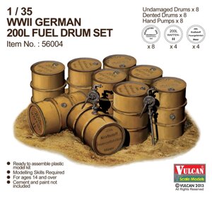 Набір німецьких 200 л бочок: 8 цілих, 8 пом'ятих (всього - маркування за трьома виробникам) 1/35 VULCAN 56004