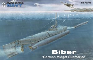 Biber "German Midget Submarine". Сборная модель подводной лодки в масштабе 1/72. SPECIAL HOBBY SN72006