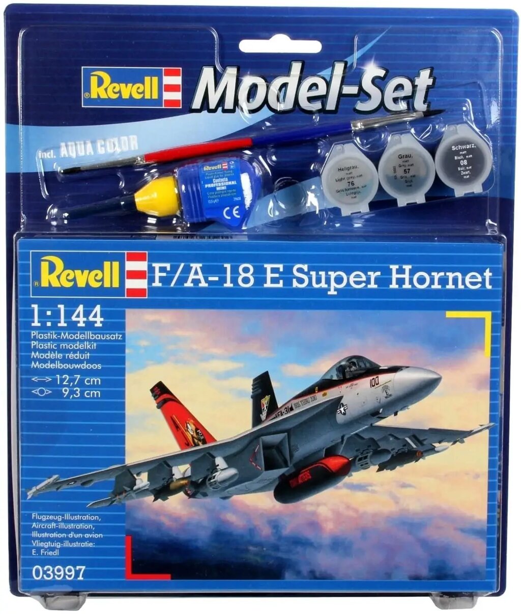Подарунковий набір (клей, фарба, пензлик) F/A-18E Super Hornet у масштабі 1/144. REVELL 63997 від компанії Хоббінет - збірні моделі - фото 1