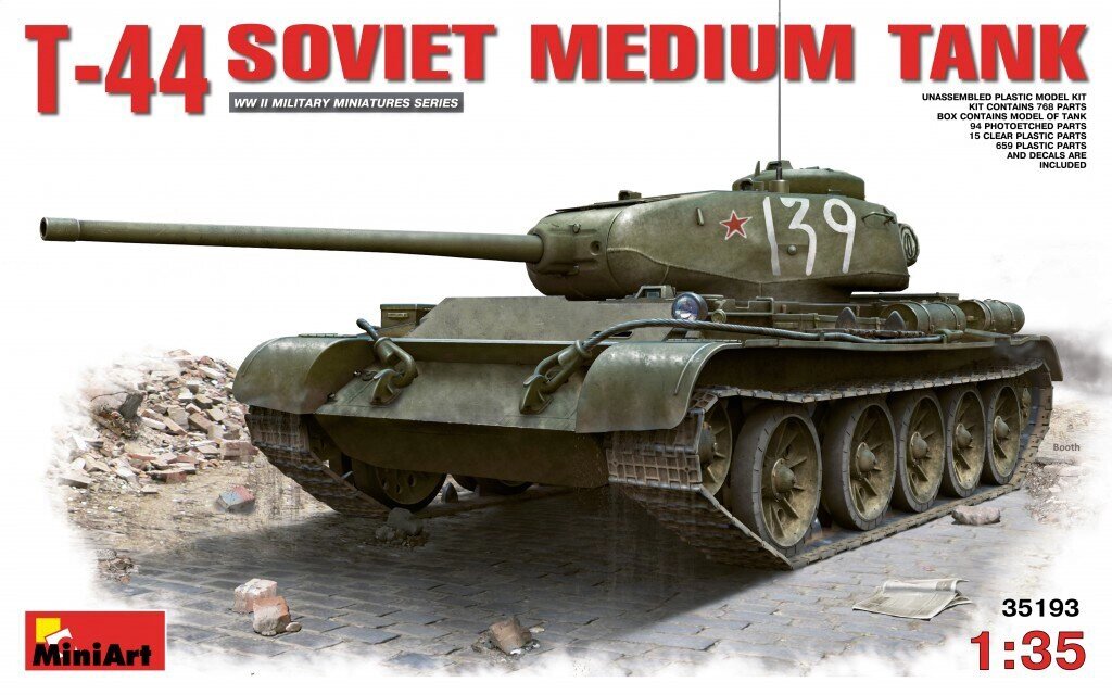 Т-44. Збірна модель (з інтер'єром) радянського середнього танка. Робочі траки і торсіони. 1/35 MINIART 35193 від компанії Хоббінет - збірні моделі - фото 1