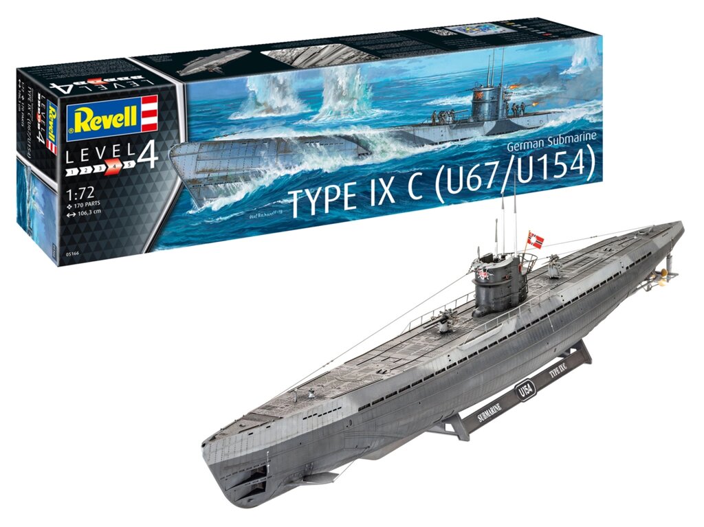 Type IXC U67 / U154. Збірна модель підводного човна в масштабі 1/72. REVELL 05166 від компанії Хоббінет - збірні моделі - фото 1