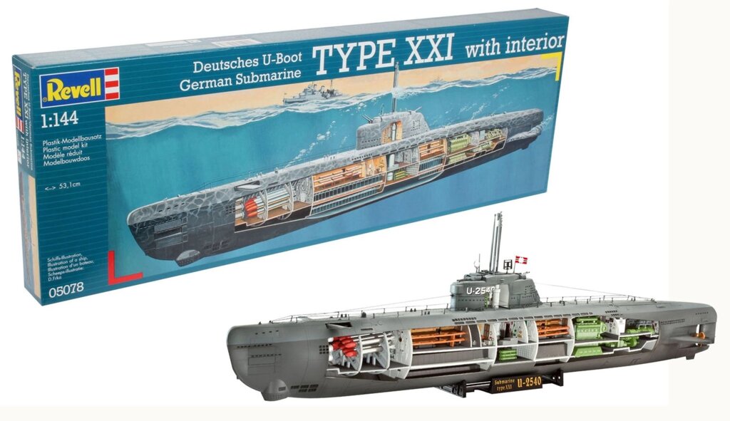 U-Boot Typ XXI U 2540. Збірна модель (з інтер'єром) підводного човна в масштабі 1/144. REVELL 05078 від компанії Хоббінет - збірні моделі - фото 1