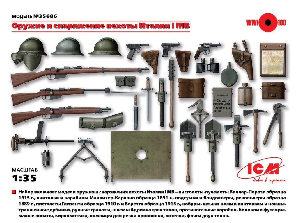 Зброя та спорядження піхоти Італії І МВ. 1/35 ICM 35686 від компанії Хоббінет - збірні моделі - фото 1