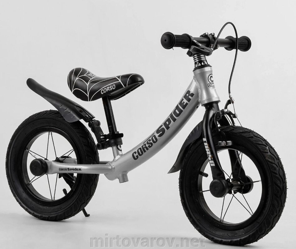 Беговел (велобіг від) дитячий алюмінієвий Corso 67431 Spider з ручним гальмом і підніжкою / колеса 12д сірий від компанії Мір товарів - фото 1