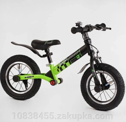 Біговел (велобіг) дитячий сталева рама Corso "Skip Jack" 95112 з амортизатором колеса 12 дюймів чорно-зелений від компанії Мір товарів - фото 1