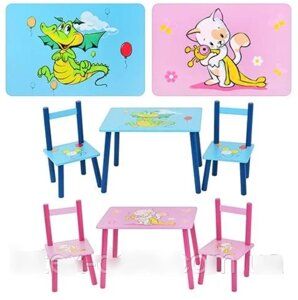 Дитячий столик з двома стільчиками Bambi M 2062 дерев'яний /Кішечка" для дівчинки. Рожевий