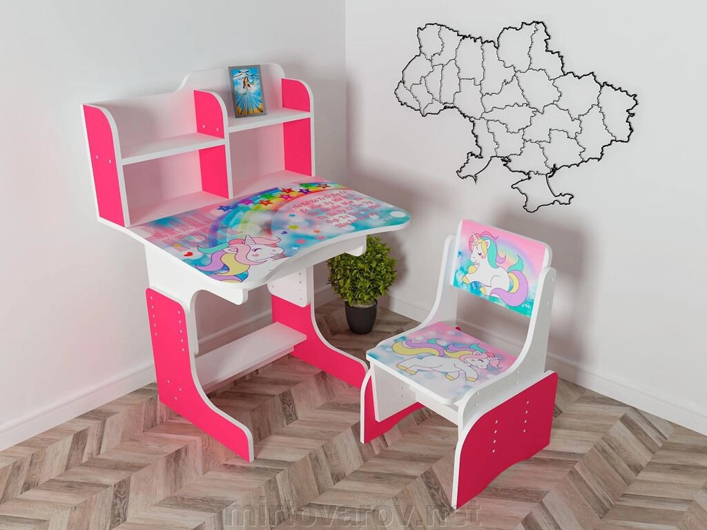 Дитяча парта шкільна растишка зі стільцем Єдиноріг 105, рожева *** від компанії Мір товарів - фото 1