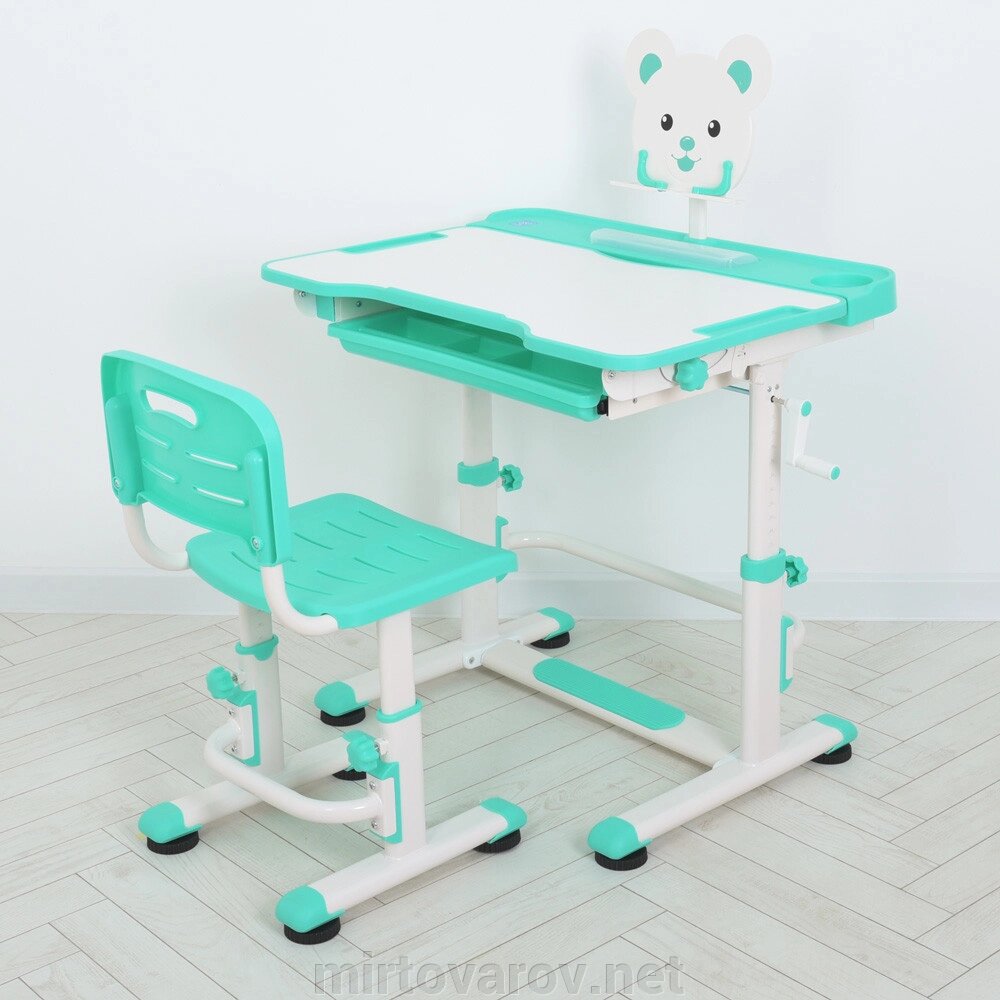 Дитяча пластикова Регульована парта зі стільцем M 4818-5 з підставкою для книг / зелена від компанії Мір товарів - фото 1