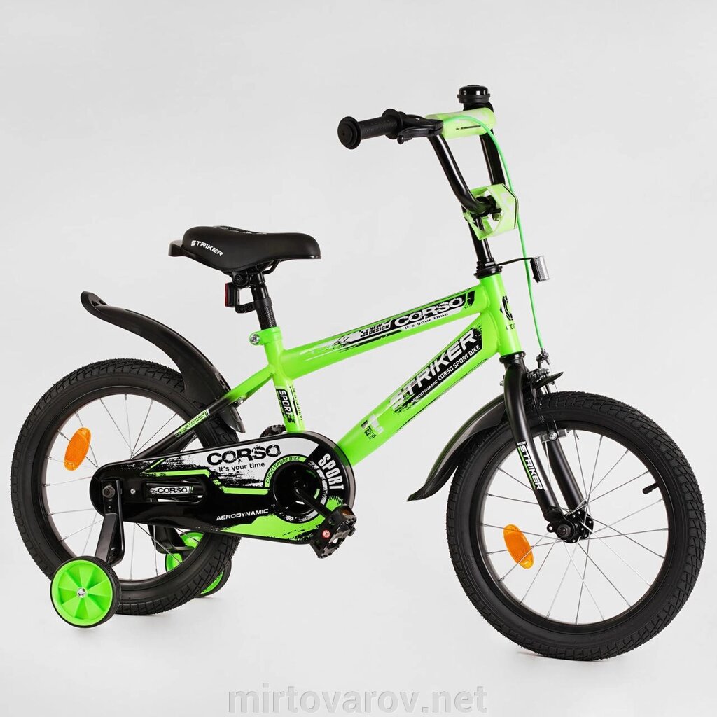 Дитячий двоколісний велосипед 16 дюймів CORSO STRIKER EX-16019 з доповненим. колесами та ручним гальмом/салатовий від компанії Мір товарів - фото 1