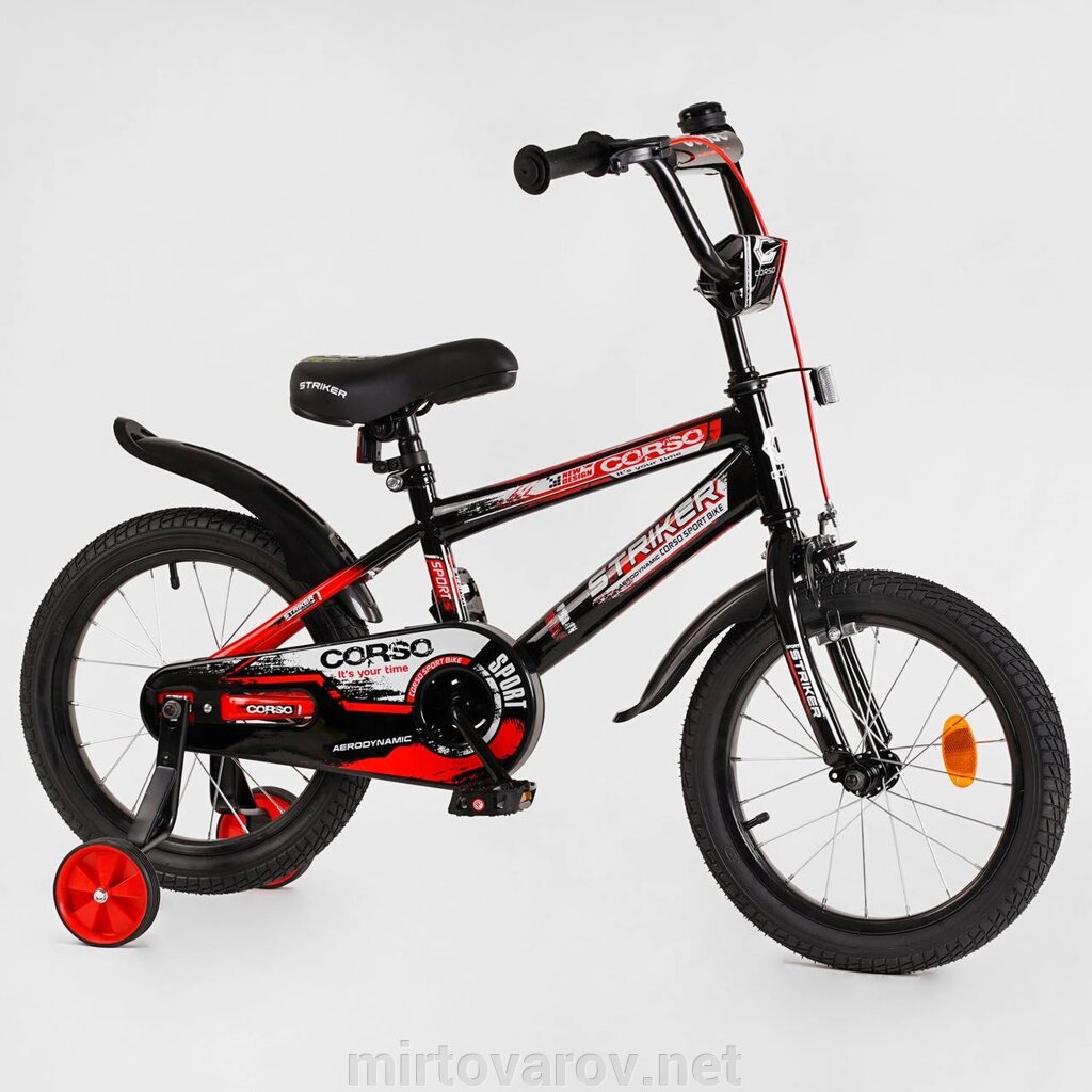 Дитячий двоколісний велосипед 16 дюймів CORSO STRIKER EX-16128 з доповненим. колесами та ручним гальмом/червоний від компанії Мір товарів - фото 1