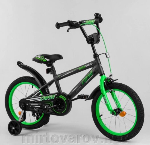 Дитячий двоколісний велосипед Corso EX-16 N 2948 колеса 16 дюймів / сталева рама / ручне гальмо / зелений від компанії Мір товарів - фото 1