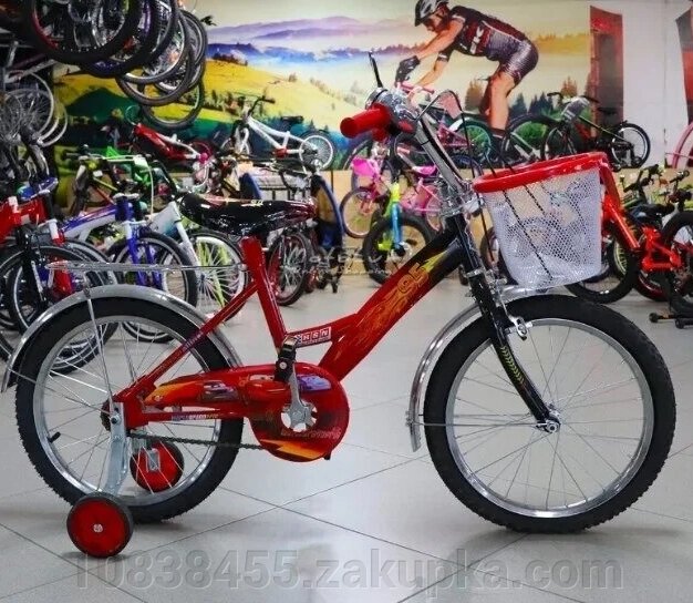 Дитячий двоколісний велосипед Mustang Тачки колеса 18 дюймів з передньої кошиком і дзеркалом / колір червоний від компанії Мір товарів - фото 1