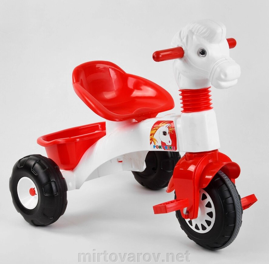 Дитячий триколісний велосипед Pilsan 07-146 "Конячка" з педалями / З КОШИКОМ / червоно-білий від компанії Мір товарів - фото 1