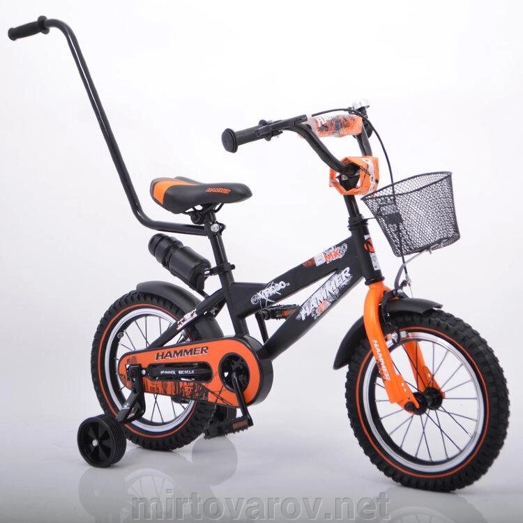 Дитячий Велосипед з ручкою "HAMMER-14" S600 Колеса 14"х2,4' Чорно-помаранчевий від компанії Мір товарів - фото 1