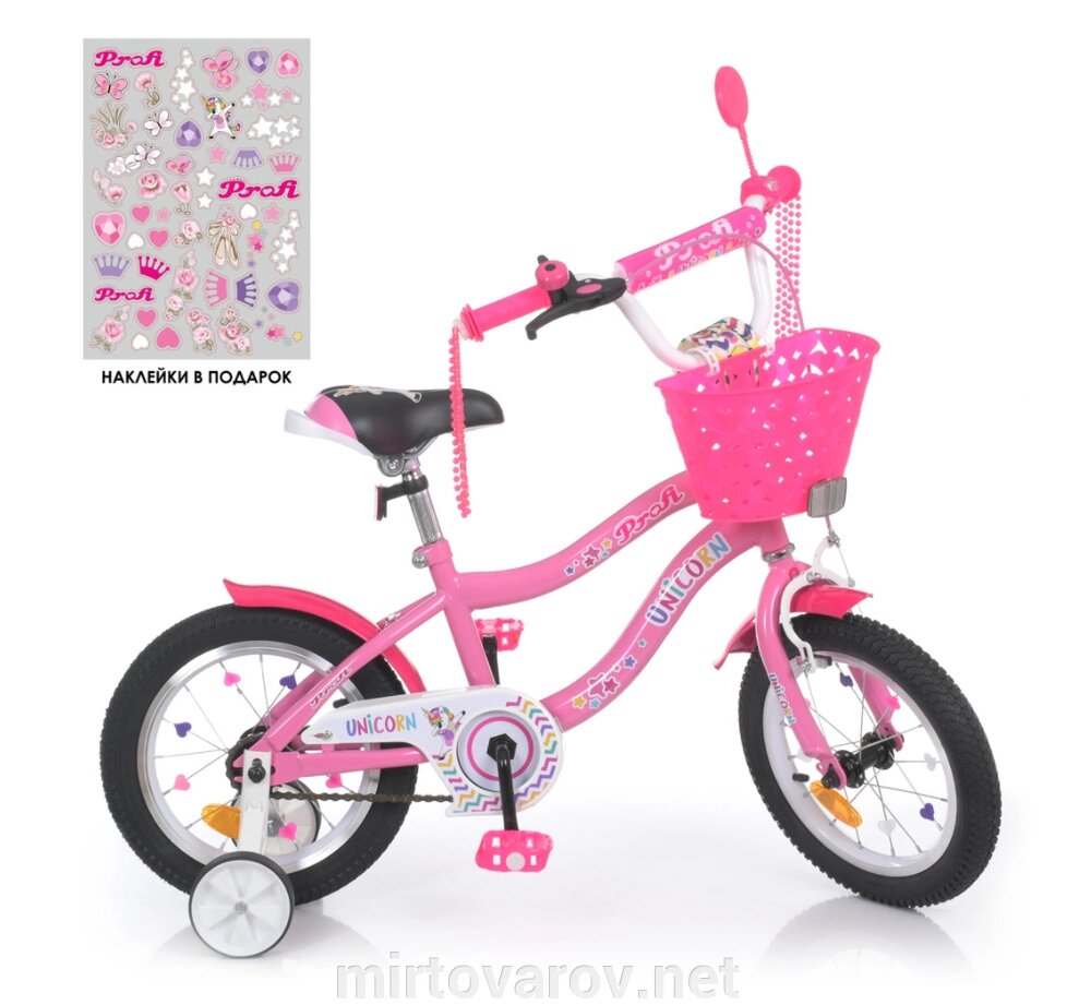 Двоколісний дитячий велосипед 14 дюймів PROFI Y14241-1 Unicorn з кошиком / рожевий ** від компанії Мір товарів - фото 1