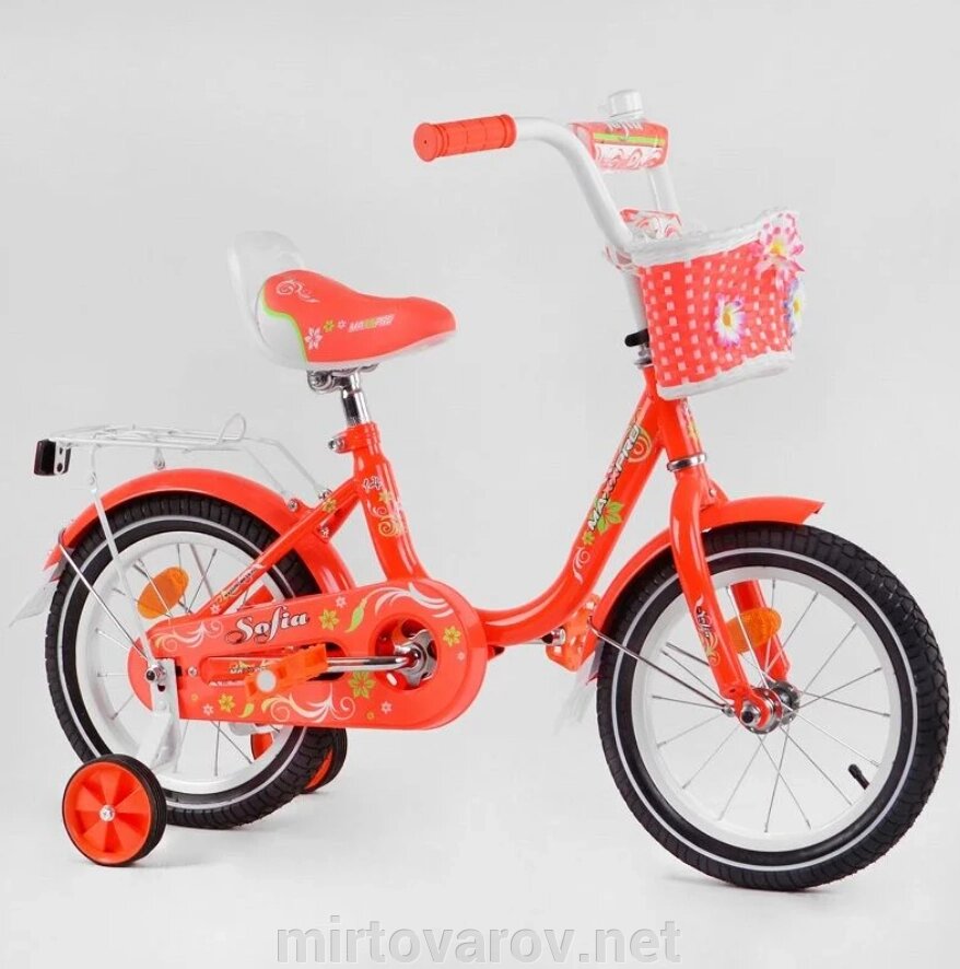 Двоколісний дитячий велосипед 16 дюймів SOFIA-N16-3 з кошиком і доповнений. колісами/для дівчинки жовтогарячий від компанії Мір товарів - фото 1
