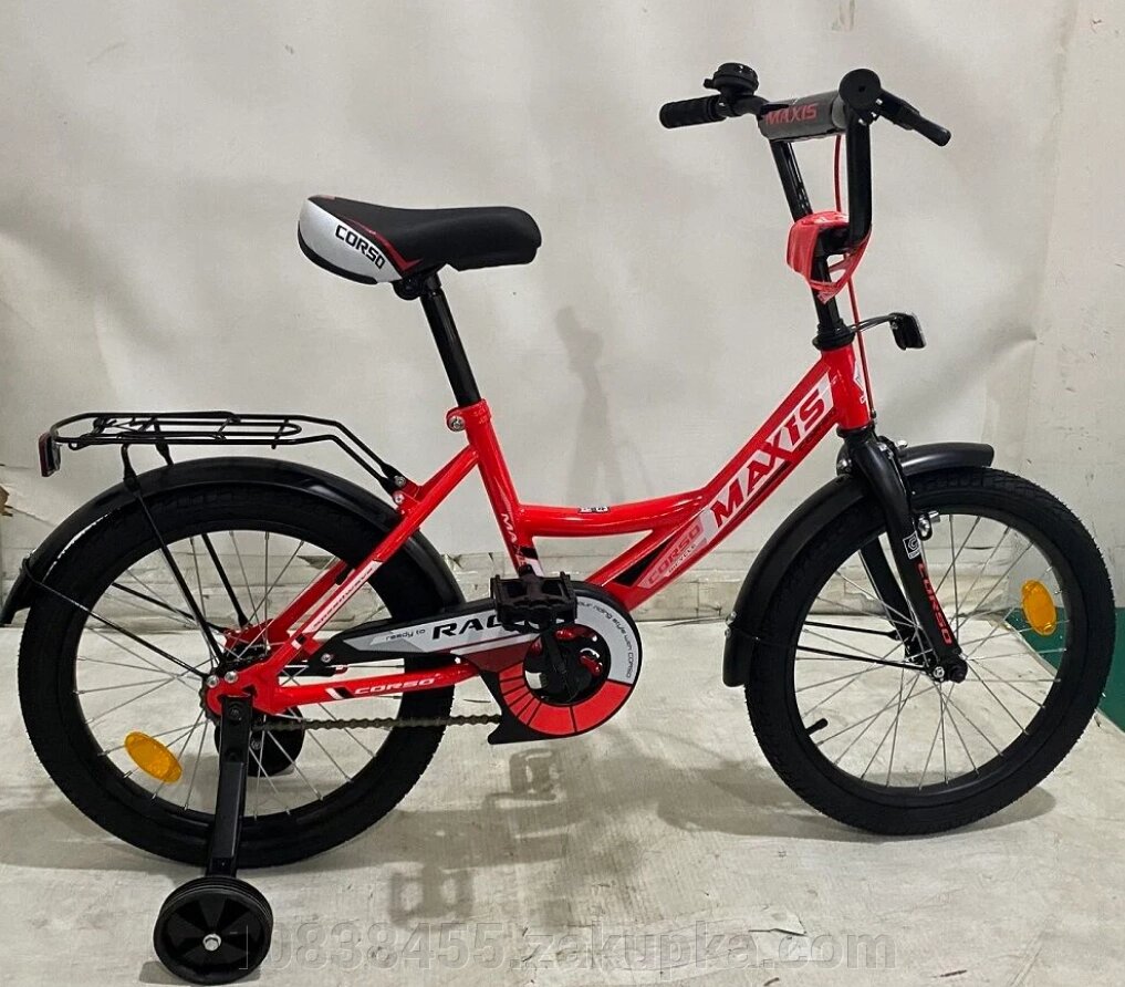 Двоколісний дитячий велосипед 18 дюймів CORSO 18040 з додатковими колесами і дзвіночком / червоний від компанії Мір товарів - фото 1