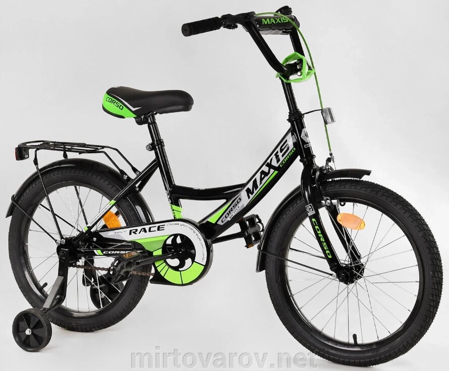 Двоколісний дитячий велосипед 18 дюймів CORSO 18199 з додатковими колесами і дзвіночком / чорно-салат від компанії Мір товарів - фото 1