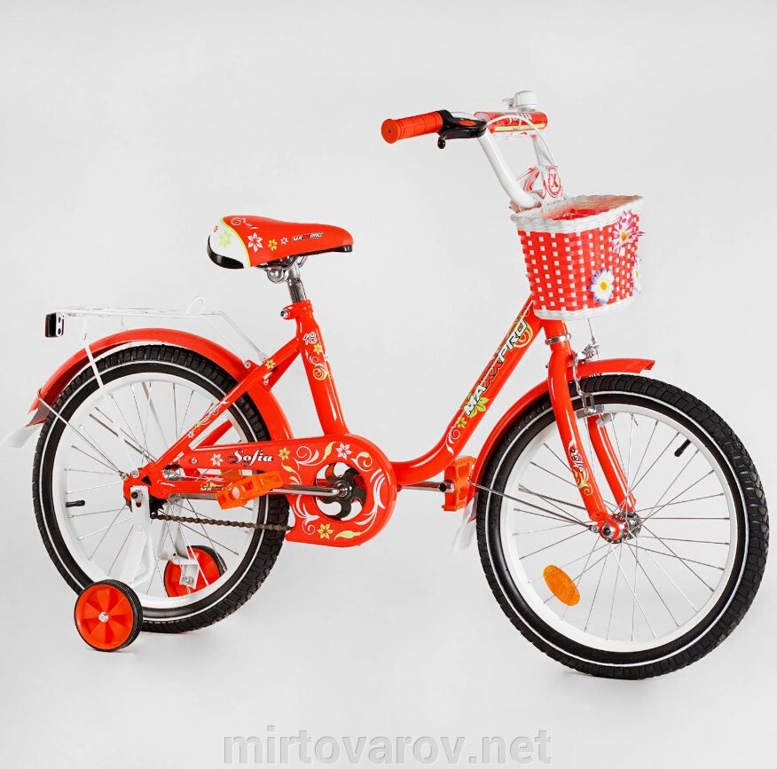 Двоколісний дитячий велосипед 18 дюймів SOFIA-N18-3 з КОШИКОМ та додатк. колесами / для дівчинки помаранчевий від компанії Мір товарів - фото 1