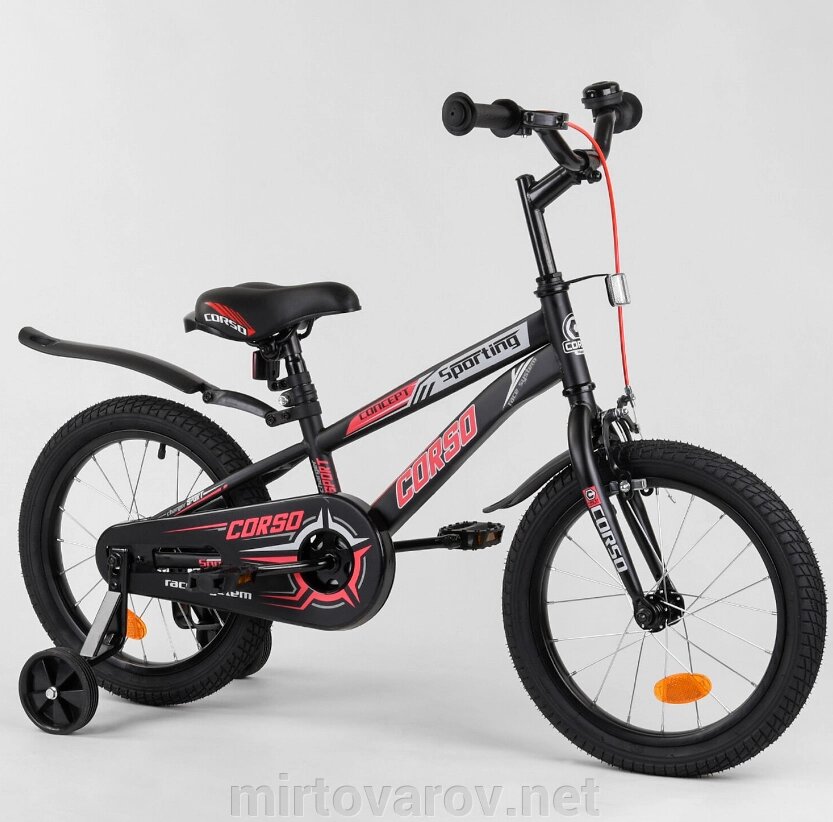 Двоколісний дитячий велосипед CORSO R-16119 колеса 16д з ручним гальмом і дзвіночком / чорно-рожевий від компанії Мір товарів - фото 1