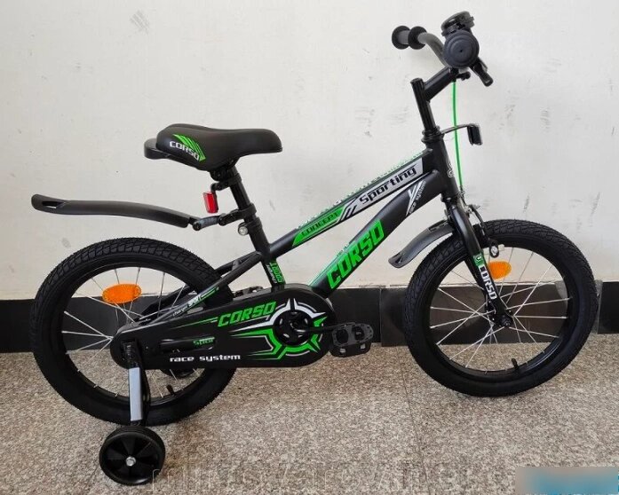 Двоколісний дитячий велосипед CORSO R-16218 колеса 16д з ручним гальмом і дзвіночком / чорно-зелений від компанії Мір товарів - фото 1