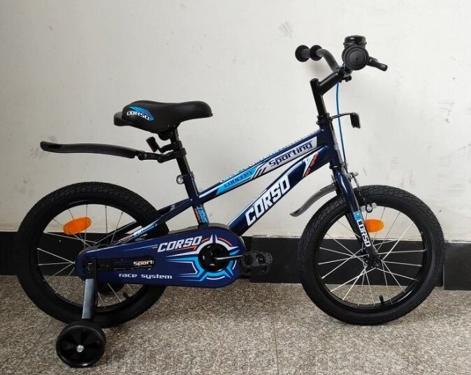Двоколісний дитячий велосипед CORSO R-16515 колеса 16д з ручним гальмом і дзвіночком / чорно-синій від компанії Мір товарів - фото 1