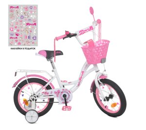 Двоколісний дитячий велосипед 14 дюймів для дівчинки PROFI Y1425-1 Butterfly з кошиком/ біло-рожевий