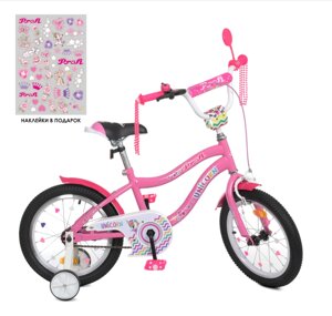 Двоколісний дитячий велосипед 18 дюймів PROFI Y18241 Unicorn з додатковими колесами / рожевий