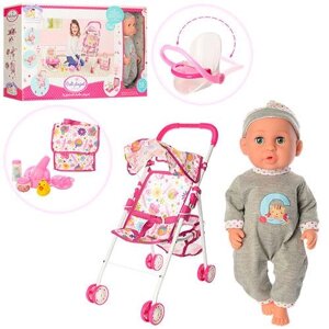 Функціональний лялька пупс для дівчинки з коляскою 86906 звук п'є-обсикається дитячий шезлонг сумка