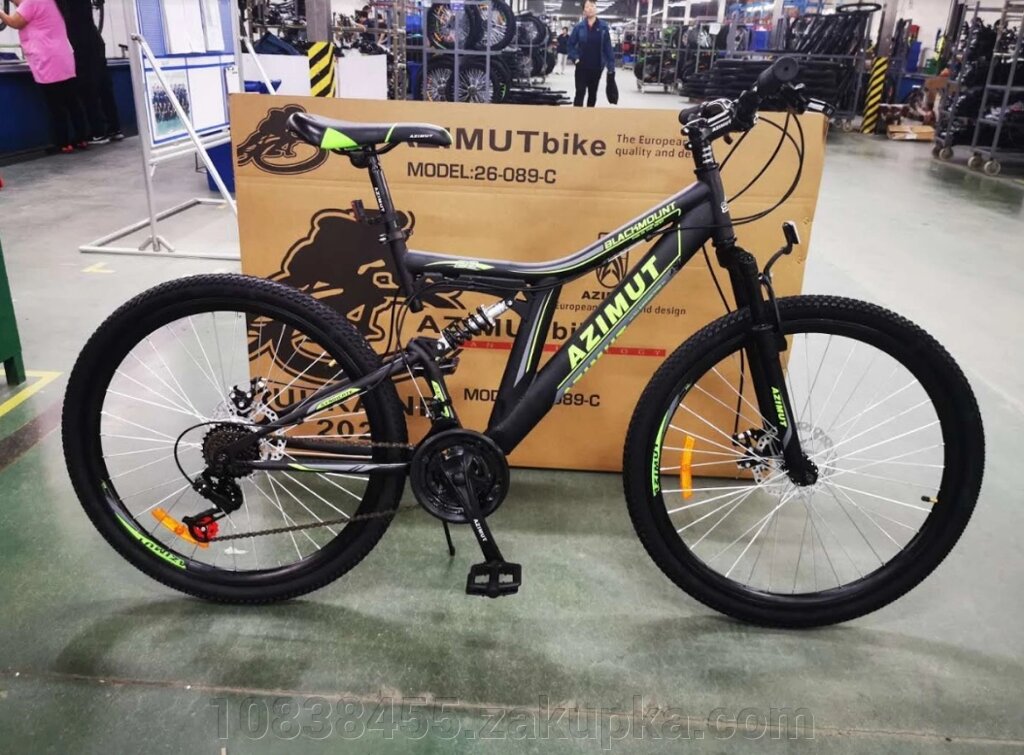 Гірський спортивний двопідвісний велосипед AZIMUT Blackmount 26 дюймів GFRD / SHIMANO / чорно-зелений від компанії Мір товарів - фото 1