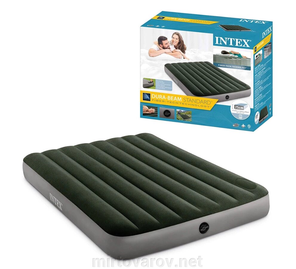Надувний велюровий матрац-ліжко Intex 64762 зелений з ножним насосом від компанії Мір товарів - фото 1