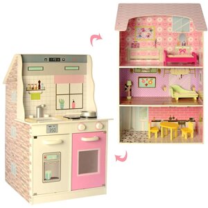 Дерев'яна іграшка Будиночок для ляльок MD 2578 кухня плита мийка тріскачка з меблями триповерховий**