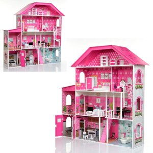 Чотириповерховий дерев'яний будинок для ляльок Bambi MD 2897 Ляльковий будиночок з меблями / рожевий**