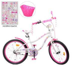 Двоколісний дитячий велосипед 20 дюймів PROFI Y20244-1 Unicorn з додатковими колесами / біло-малиновий**